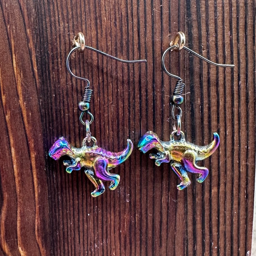 Nickel free Iridescent Rainbow Dinosaur Dangle Earrings - Picture 3 of 5